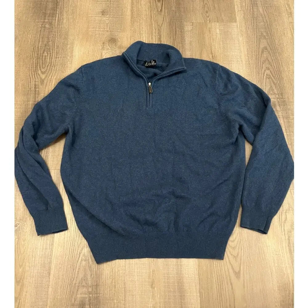 100% Cashmere Blue 1/4 Zip Sweater w/ Leather Zipper Pull